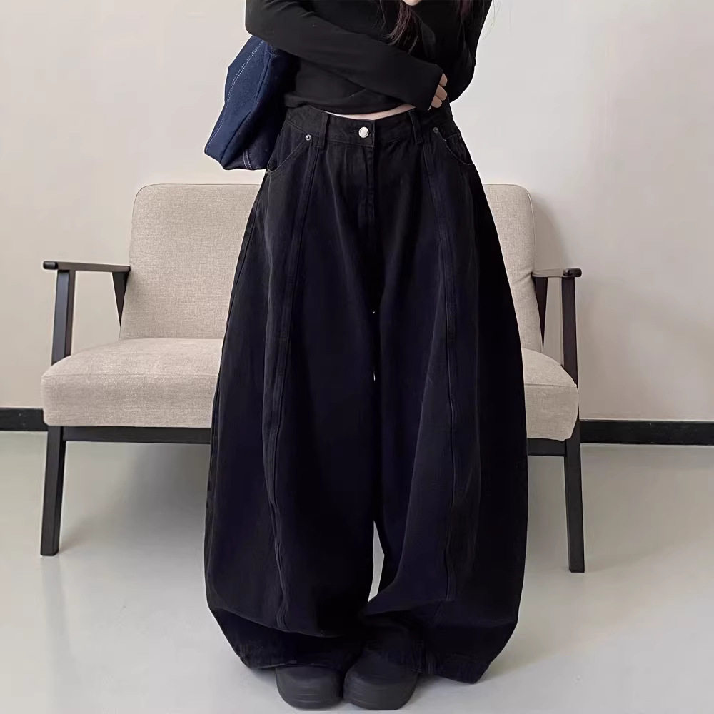 特大码黑色弯刀牛仔裤女秋冬款街头潮酷设计感宽松显瘦阔腿裤子,女装/女士精品,大码裤装,淘宝优惠券,粉丝福利购,淘宝优惠卷