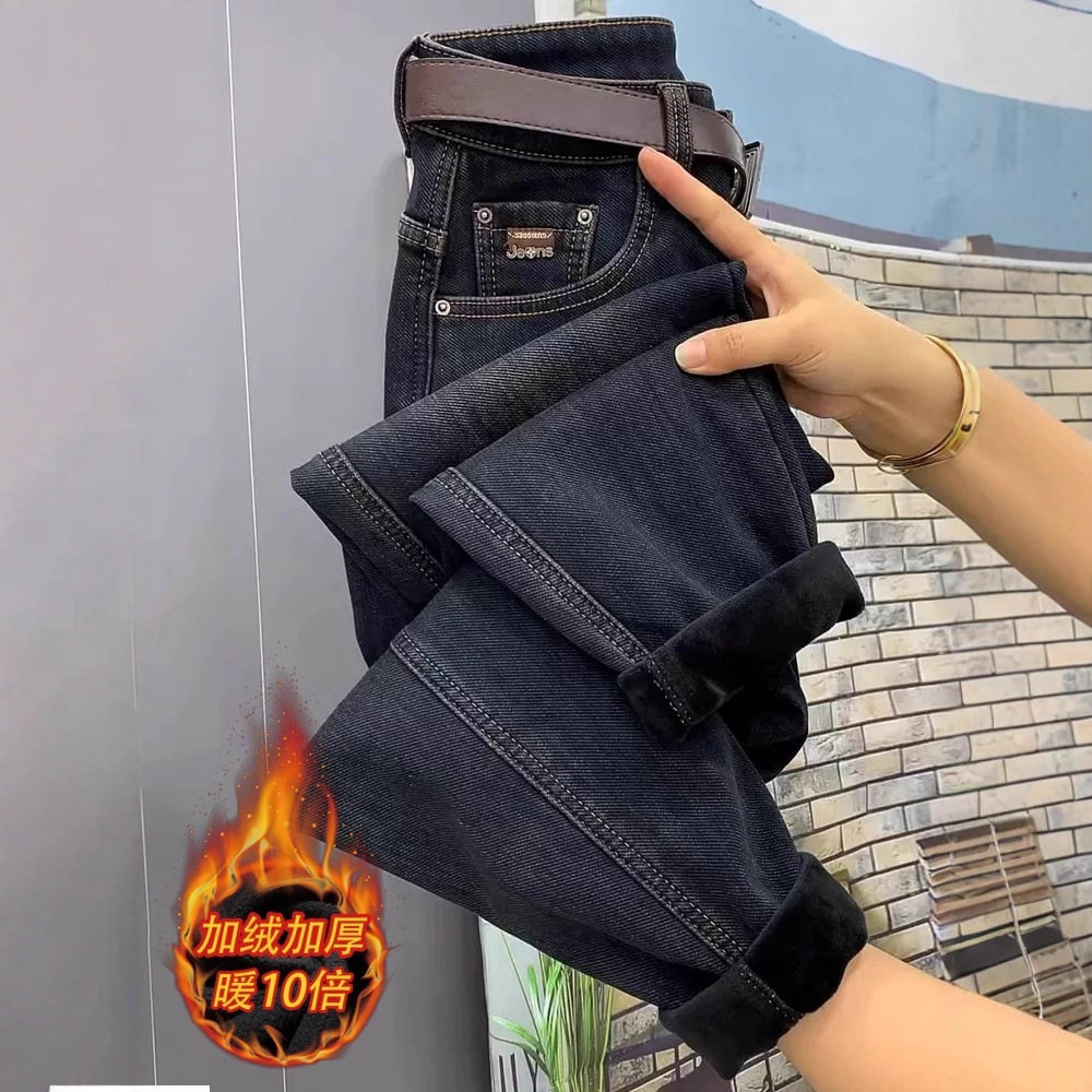 高腰弹力加绒加厚哈伦牛仔垮裤女秋冬季宽松显瘦九分萝卜老爹棉裤