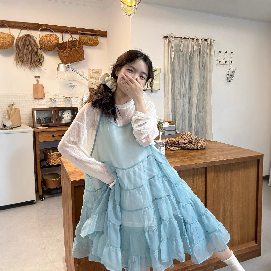 甜美设计感宽松雪纺吊带连衣裙防晒长袖T恤女2025夏季新款套装ins