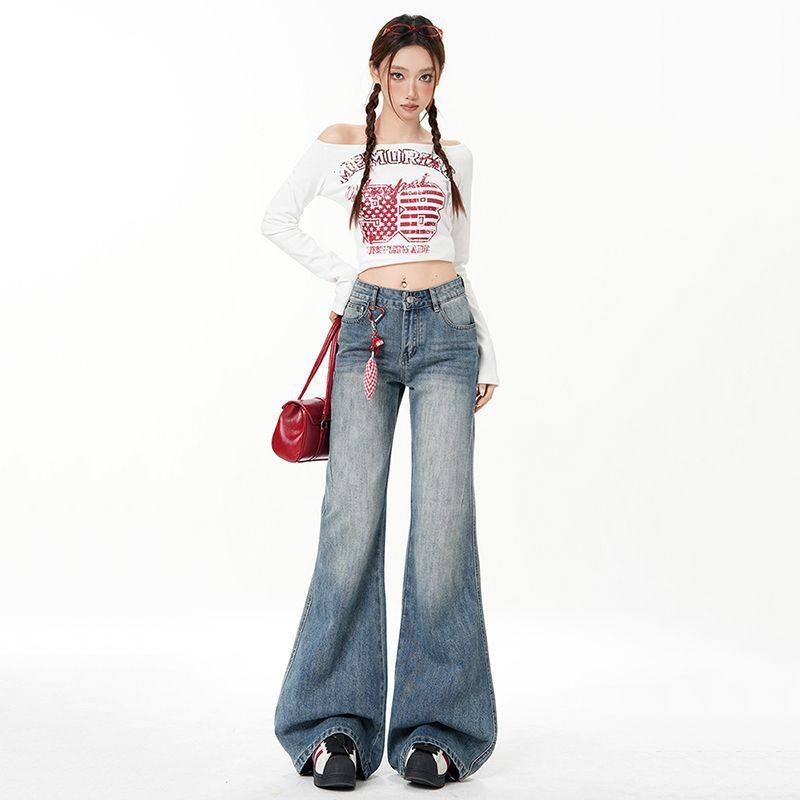 美式春季新款复古微喇牛仔裤女高腰不贴腿显瘦提臀百搭垂感喇叭裤,女装/女士精品,牛仔裤,淘宝优惠券,粉丝福利购,淘宝优惠卷