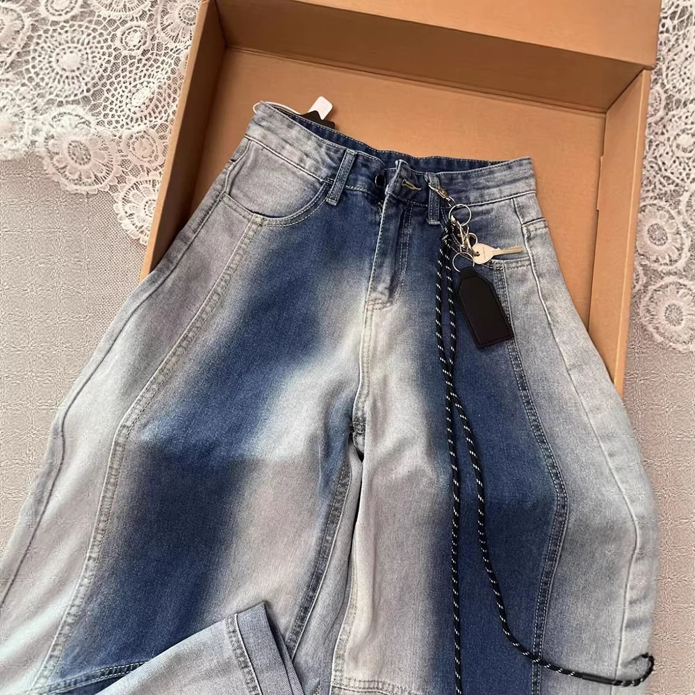 设计感解构美式渐变牛仔裤女春秋新款宽松做旧水洗阔腿裤弯刀裤子,女装/女士精品,牛仔裤,淘宝优惠券,粉丝福利购,淘宝优惠卷