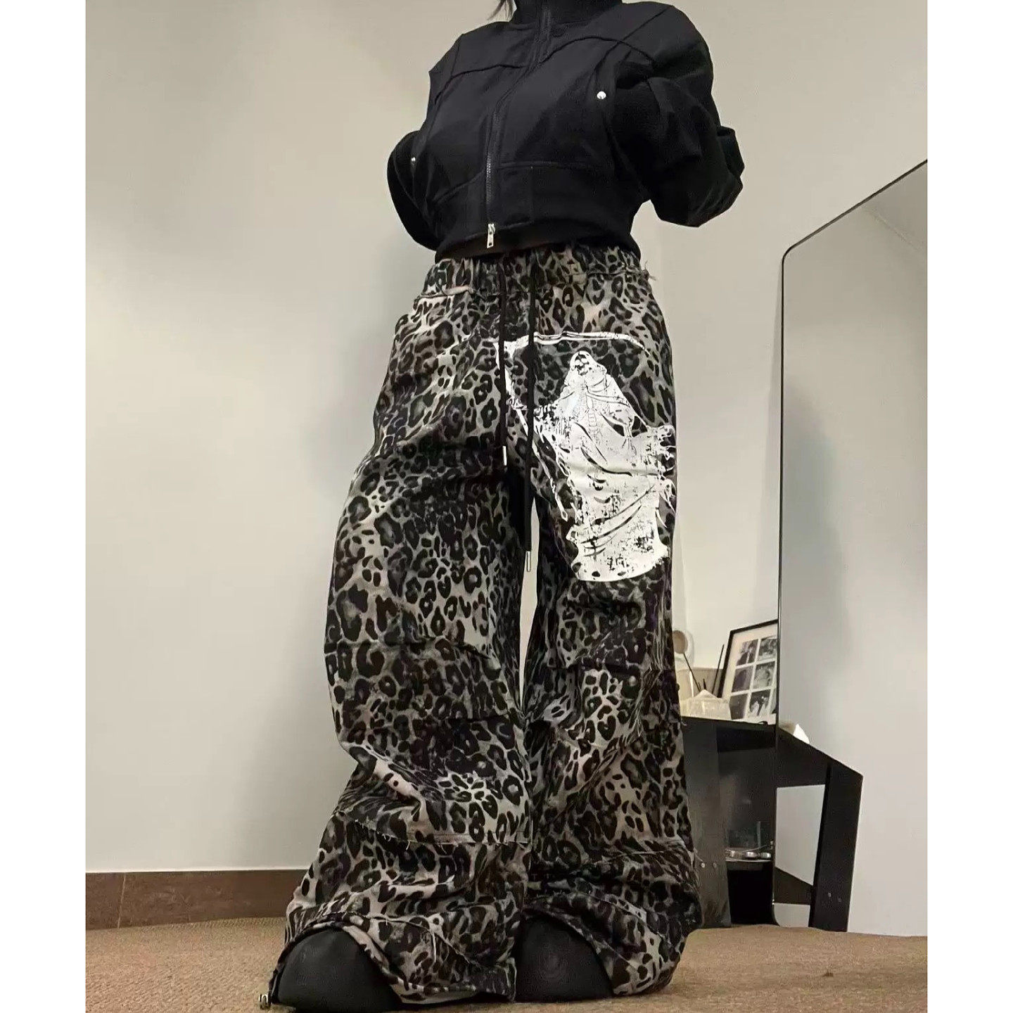 美式大码复古街头豹纹阔腿裤女抽绳设计感宽松显瘦垂感舞蹈拖地裤,女装/女士精品,大码裤装,淘宝优惠券,粉丝福利购,淘宝优惠卷