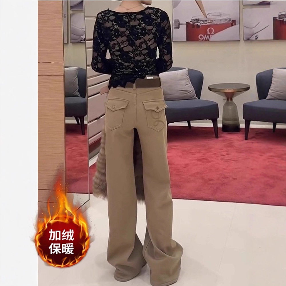 卡其色口袋刺绣加绒微喇牛仔裤女秋冬高个子加长高腰不贴腿拖地裤,女装/女士精品,牛仔裤,淘宝优惠券,粉丝福利购,淘宝优惠卷