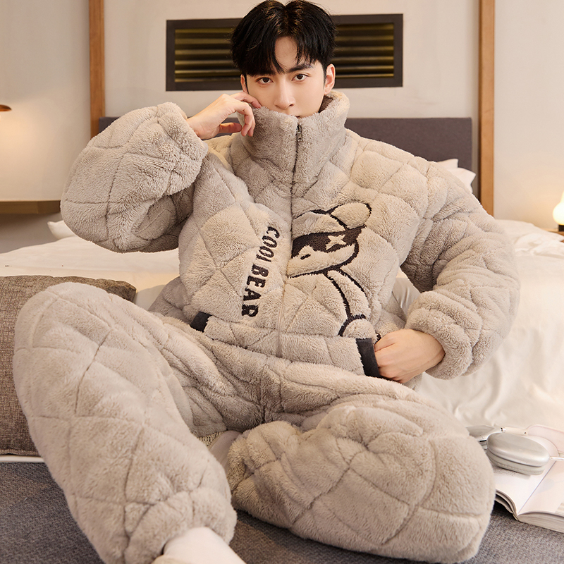 男士睡衣冬季珊瑚绒三层夹棉袄加厚加绒保暖法兰绒家居服套装冬款