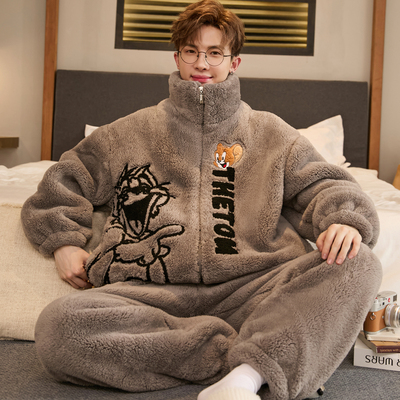 秋冬季珊瑚绒睡衣男款加厚加绒保暖青少年学生大童卡通家居服套装
