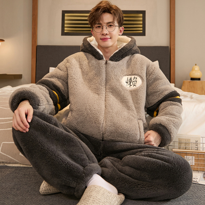 珊瑚绒睡衣男士秋冬款加绒加厚保暖法兰绒大学男生男式冬季家居服