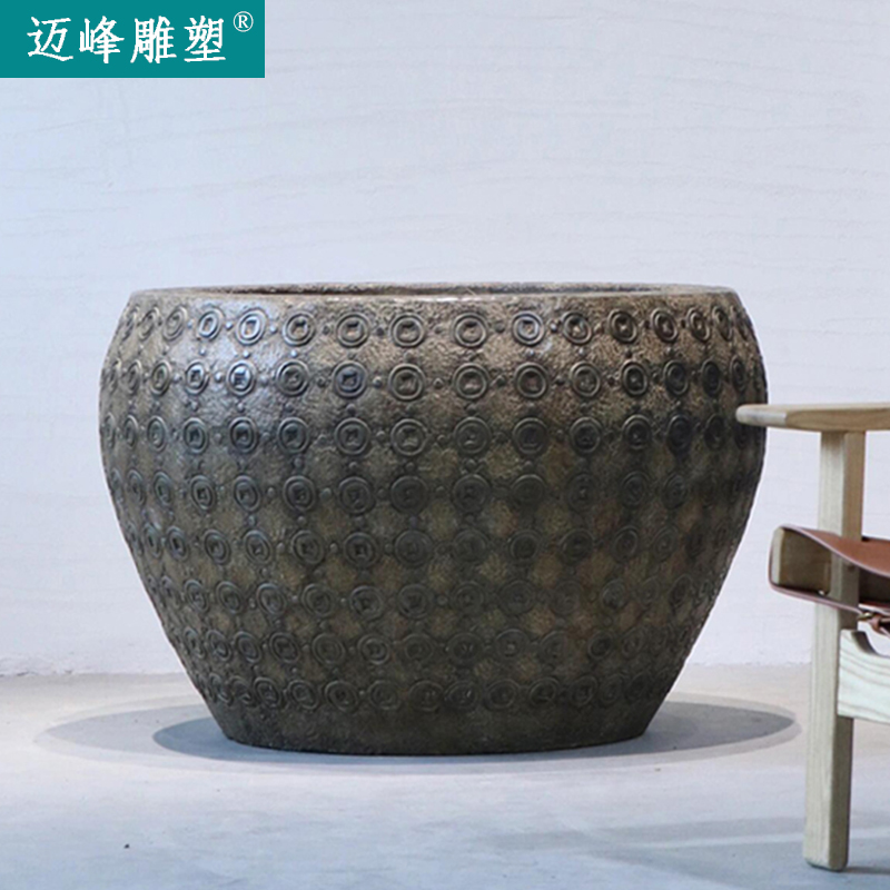 石雕铜金钱石缸聚宝花盆鱼缸