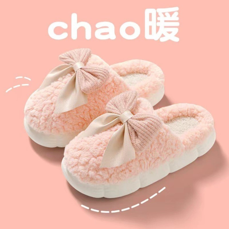 可爱女棉新款家居蝴蝶结防滑拖毛绒家2024保暖女包秋冬季拖鞋棉跟