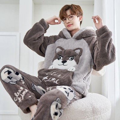 冬季男士三层加厚睡袍绒青少年睡衣套装长款男款珊瑚夹棉加绒秋