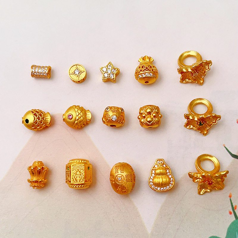 s925纯银镀金配件钱币钱袋五角星小鱼葫芦跑环隔珠桶珠diy配饰