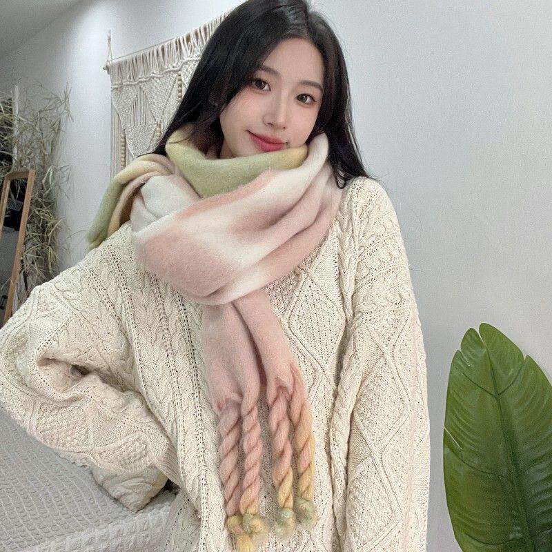 围巾女初中生ins渐变围巾女冬季保暖小众条纹针织流苏加厚长款大