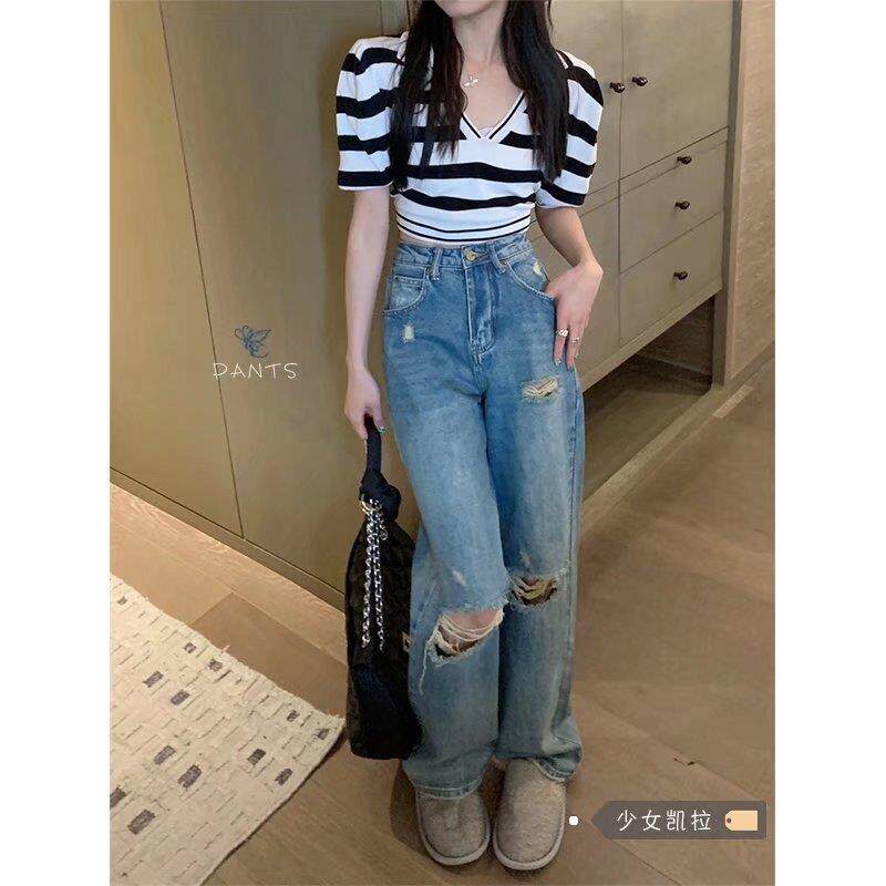 乞丐破洞牛仔裤女夏炸街高腰宽松直筒裤显瘦阔腿裤潮垂感拖地长裤