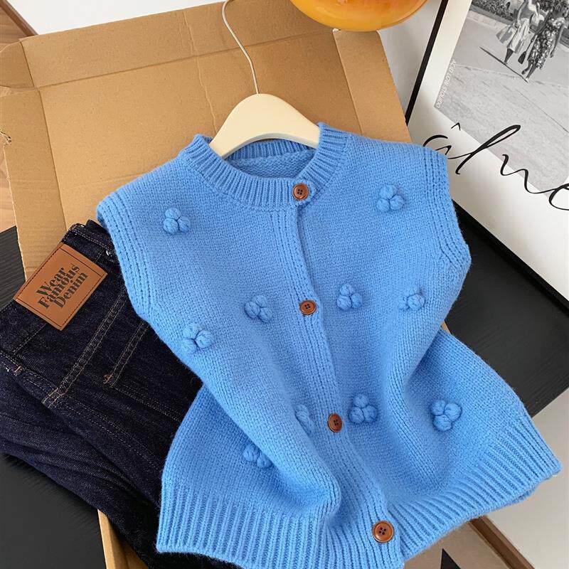 韩系高级感蓝色立体毛球针织马甲女春季时尚气质叠穿无袖背心上衣