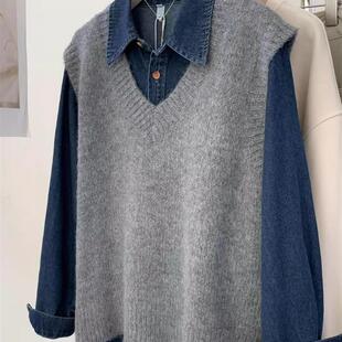 灰色针织马甲女秋冬宽松V领套头坎肩毛衣背心叠穿搭配牛仔衬衫