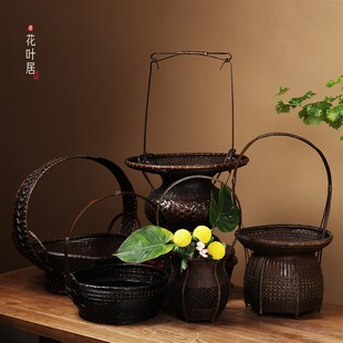 手工花篮插花器皿竹编竹篮藤编提篮水果篮复古禅意花器桌面摆件