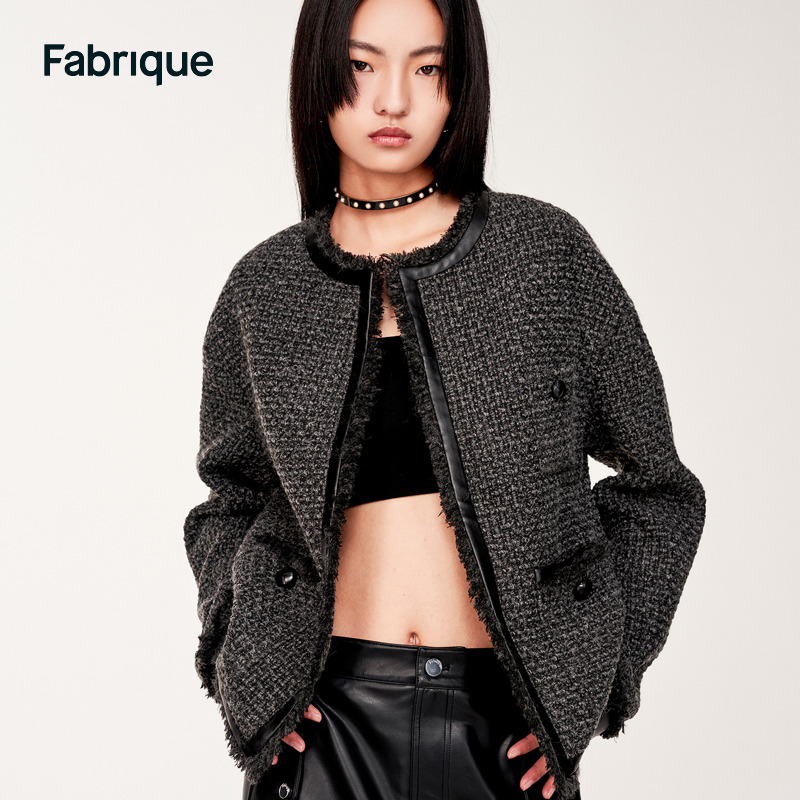 Fabrique 羊毛混纺拼接非动物皮花呢外套女秋冬新款小香风夹克