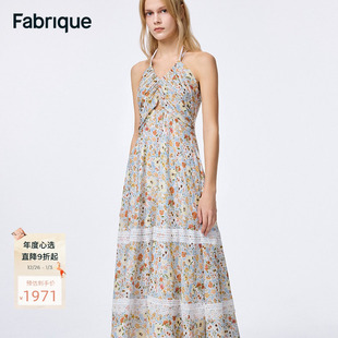 Fabrique 深V蕾丝拼接碎花双肩带挂脖天丝连衣裙