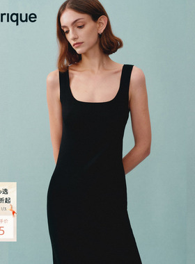 Fabrique ESSENTIAL2025新品黑色弹力针织修身方领背心吊带连衣裙