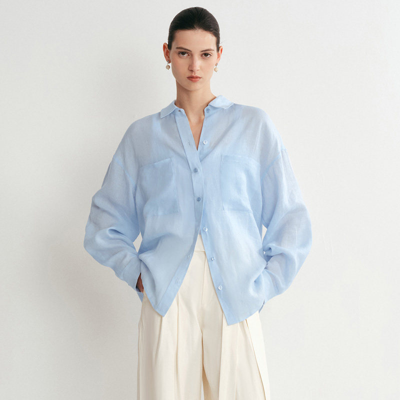 Fabrique冰河蓝色亚麻上衣衬衫