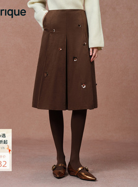 Fabrique焦糖棕仿麂皮绒法式中长款钉珠褶裥半裙25年冬季新品设计