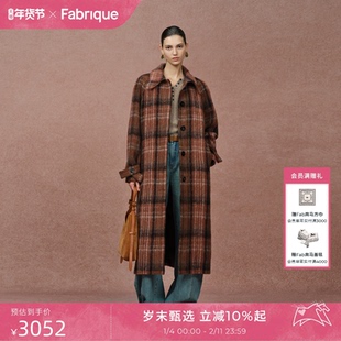 Fabrique 落日橘棕格纹绵羊毛翻领长款大衣2025年新款毛呢外套