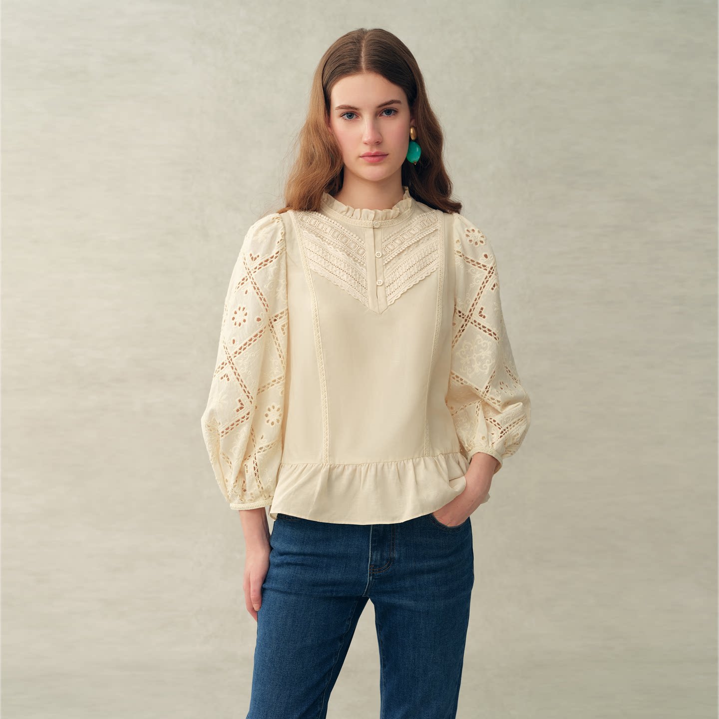 Fabrique 日光黄镂空绣花法式蕾丝织带衬衫上衣2女026年春夏新品图片