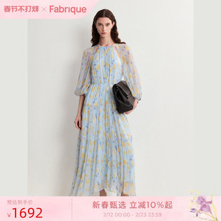 Fabrique欧若风薄纱印花七分袖连衣裙女度假风长裙2025夏季新品