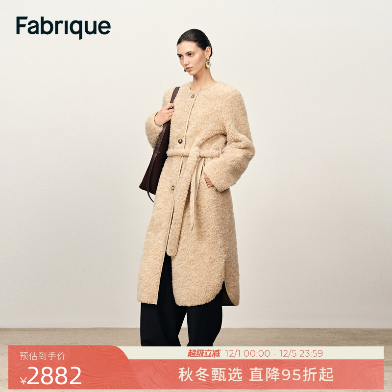 Fabrique 米色绵羊毛游牧风圆领配腰带长款泰迪大衣2025年冬季新