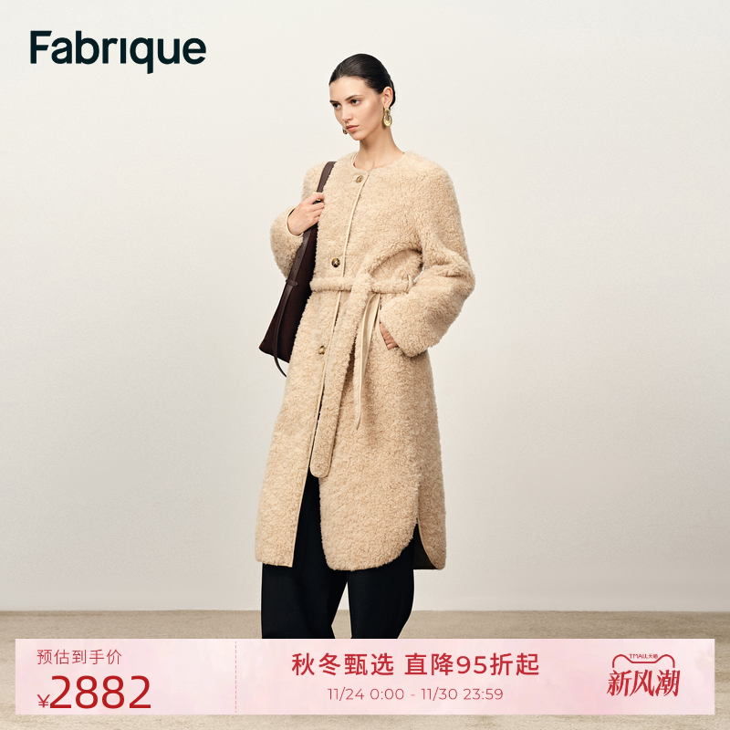 Fabrique 米色绵羊毛游牧风圆领配腰带长款泰迪大衣2025年冬季新
