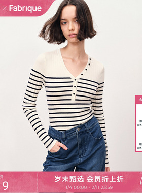 Fabrique ESSENTIAL绵羊毛V领针织条纹上衣2025年秋
