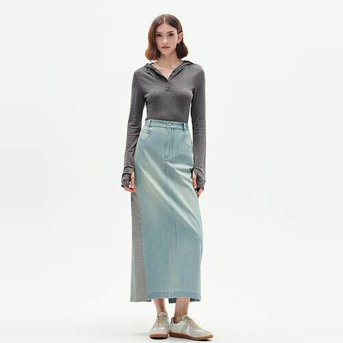 Fabrique 水洗浅蓝牛仔针织拼接针织棉长款半裙春夏女装新品