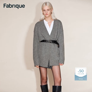 Fabrique 月岩灰羊驼毛配腰带V领长款针织开衫冬季新品