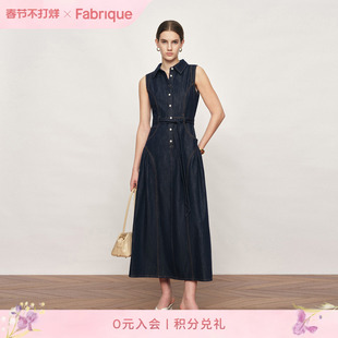 Fabrique深蓝色收腰高腰翻领无袖牛仔连衣裙2026年春夏新款休闲裙