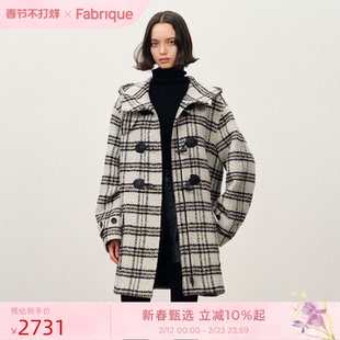 Fabrique 雾蓝色格纹学院风牛角扣连帽中长款大衣2025年冬季新品