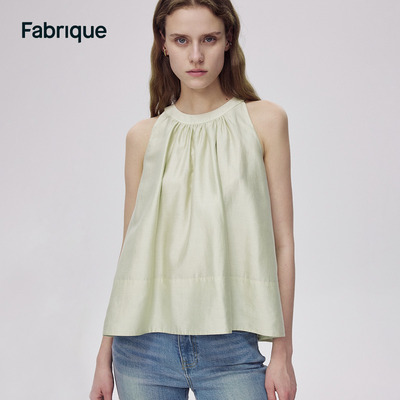 Fabrique 牛油果绿色天丝混纺荷叶边露肩上衣女2024夏季新品