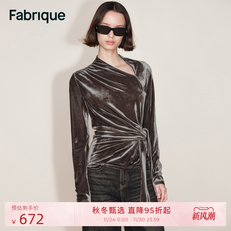 Fabrique 绿宝石丝绒弹力纽结斜领长袖上衣2025年秋季新品