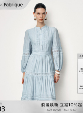 Fabrique宫廷谧境蓝色蕾丝织带长袖长款连衣裙女收腰新款