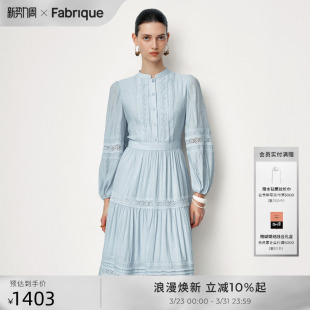 连衣裙女收腰新款 Fabrique宫廷谧境蓝色蕾丝织带长袖 长款