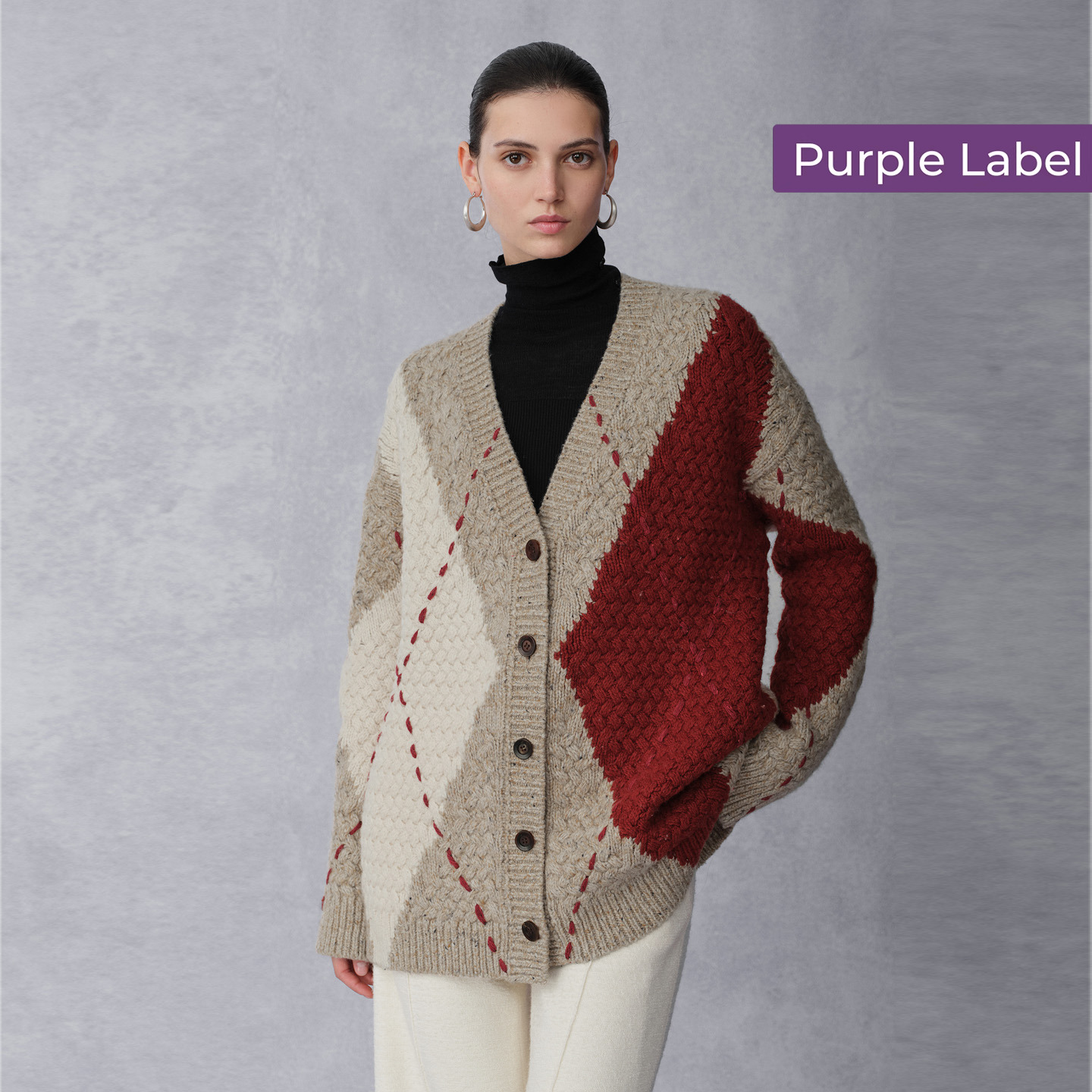 【商场同款】Fabrique紫标 手工刺绣羊毛菱格V领针织开衫外套大衣