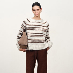 Fabrique灰棕色条纹羊驼毛软糯针织毛衣女2025年冬季新款条纹上衣