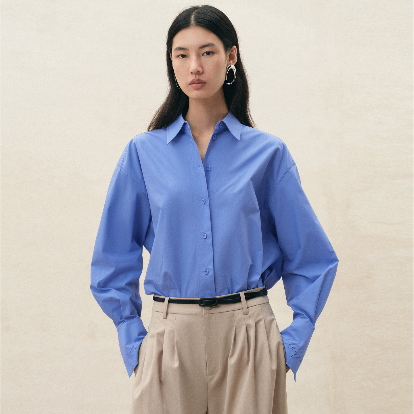 Fabrique 多色纯棉府绸通勤休闲宽松大廓形纯棉刺绣衬衫女士上衣图片