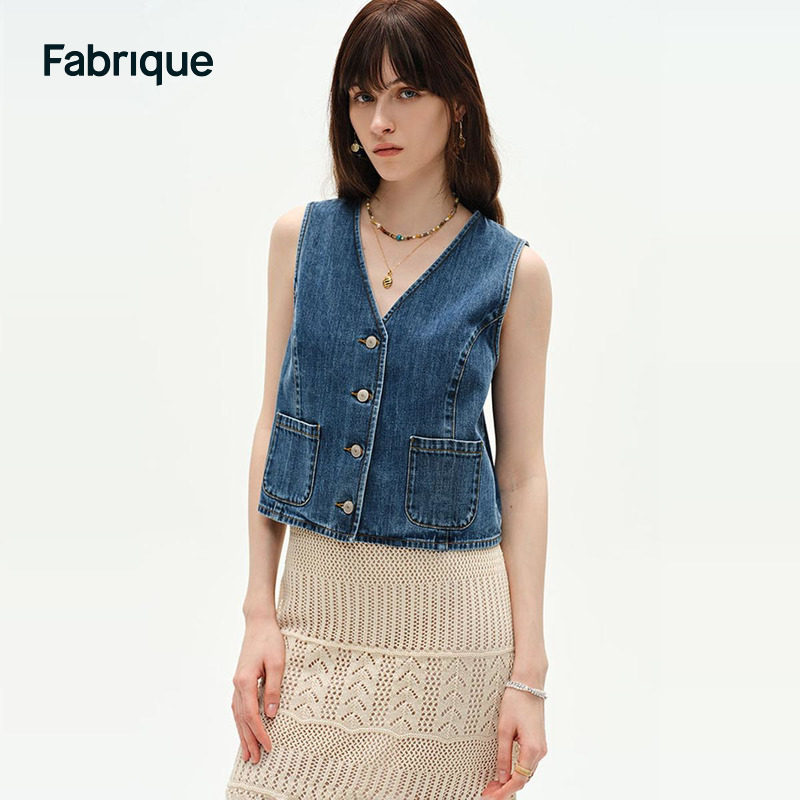 Fabrique 靛蓝色V领短款牛仔背心马甲2025年春季新品