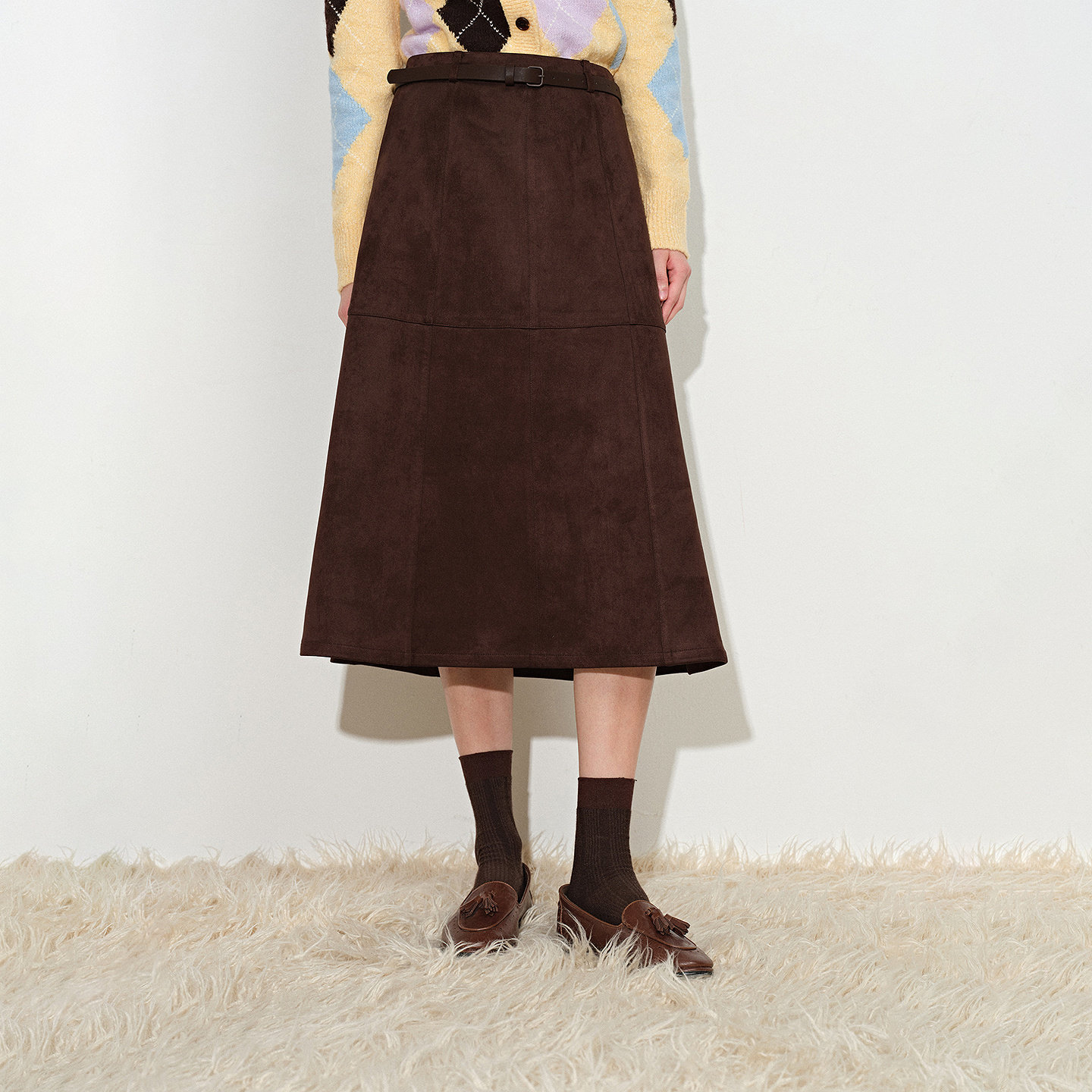 Fabrique 摩卡棕仿麂皮绒腰带立体A型高腰半身裙女2026年秋冬新品