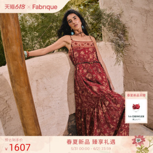 Fabrique 波斯风格印花铜氨棉麻串珠吊带女连衣裙2026年夏季新品