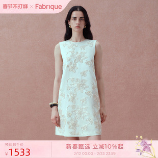 Fabrique重工盘带绣珍珠白真丝桑蚕丝绵羊毛无袖连衣裙25年夏新品