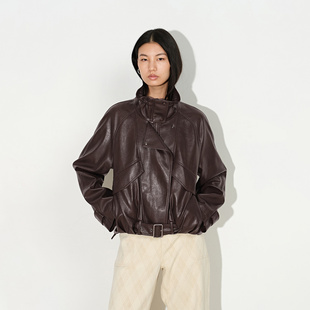 Fabrique 摩卡棕配腰带立领花苞型皮衣外套女款2026年秋季新品