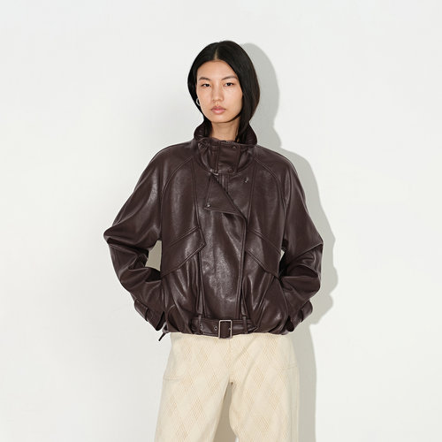 Fabrique 摩卡棕配腰带立领花苞型皮衣外套女款2026年秋季新品