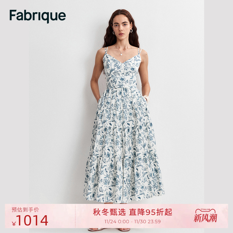 Fabrique纯棉花卉印花蝴蝶结伞型吊带连衣裙