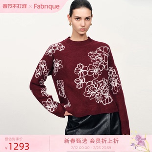 Fabrique 波尔多红绵羊毛刺绣花朵圆领针织毛衣2025年冬季新品