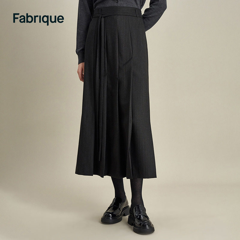 Fabrique 精纺绵羊毛细条纹A字高腰百褶半裙女24新品